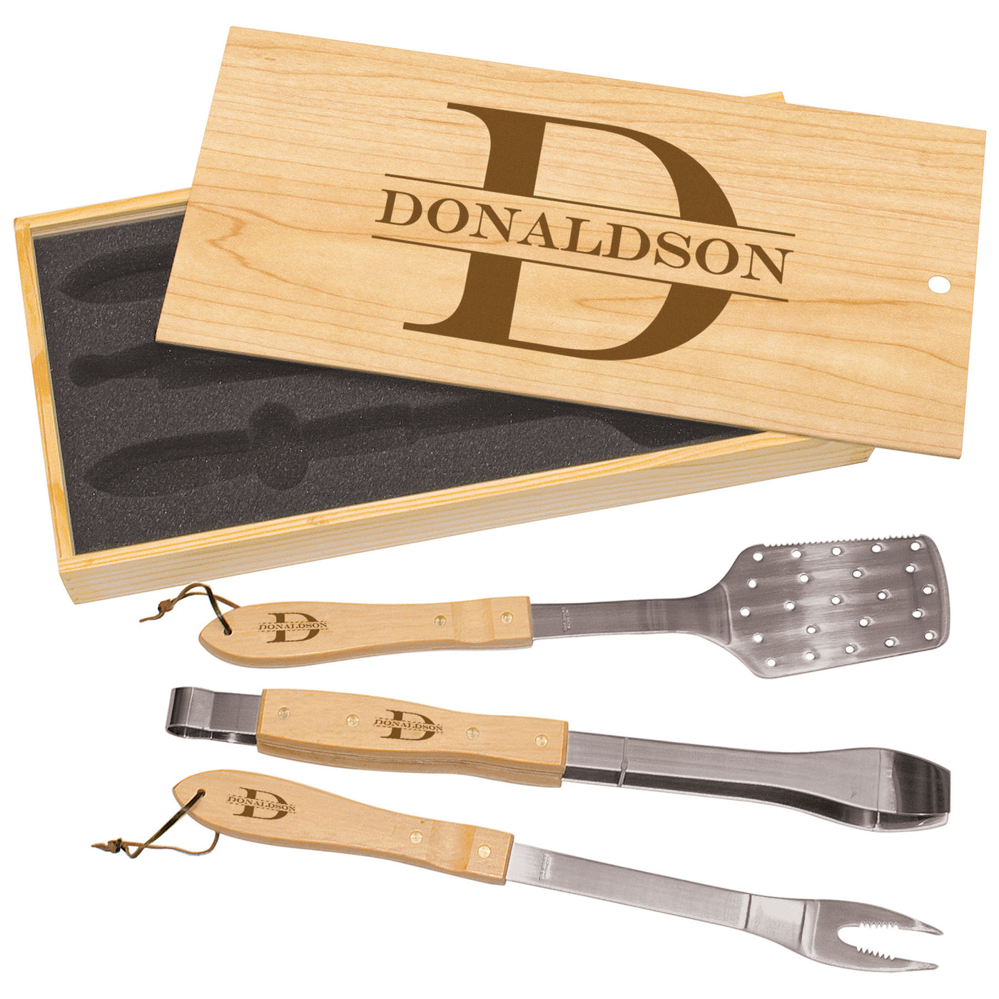 3-Piece BBQ Grill Set in Wooden Pine Box