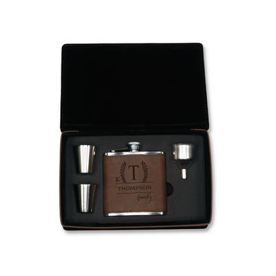 Dark Brown Laserable Leatherette Flask Gift Set