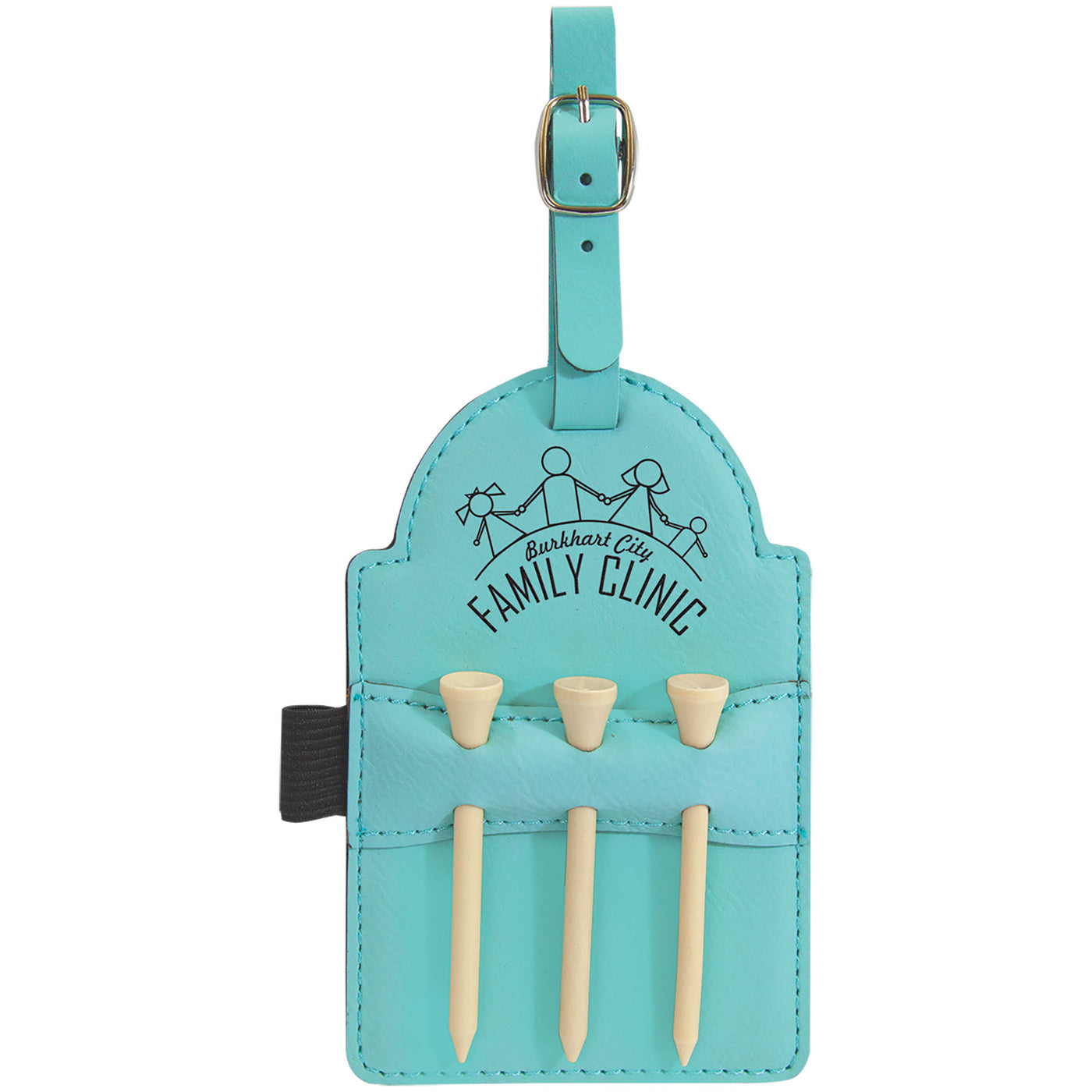 Teal Laserable Leatherette Golf Bag Tag with 3 Wooden Tees