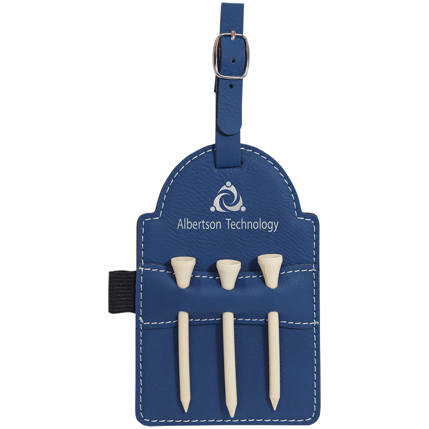 Blue/Silver Laserable Leatherette Golf Bag Tag with 3 Wooden Tees